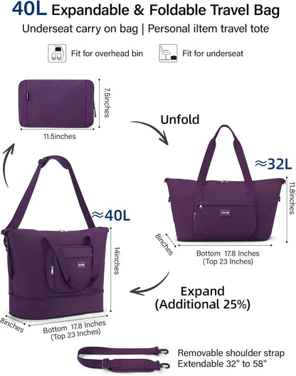 40L Foldable Expandable Travel Tote Bag,Wet Dry Separation Laptop Weekender Carry On Bag for Travel Gym Beach Daily Use