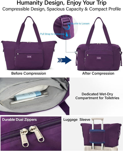 40L Foldable Expandable Travel Tote Bag,Wet Dry Separation Laptop Weekender Carry On Bag for Travel Gym Beach Daily Use
