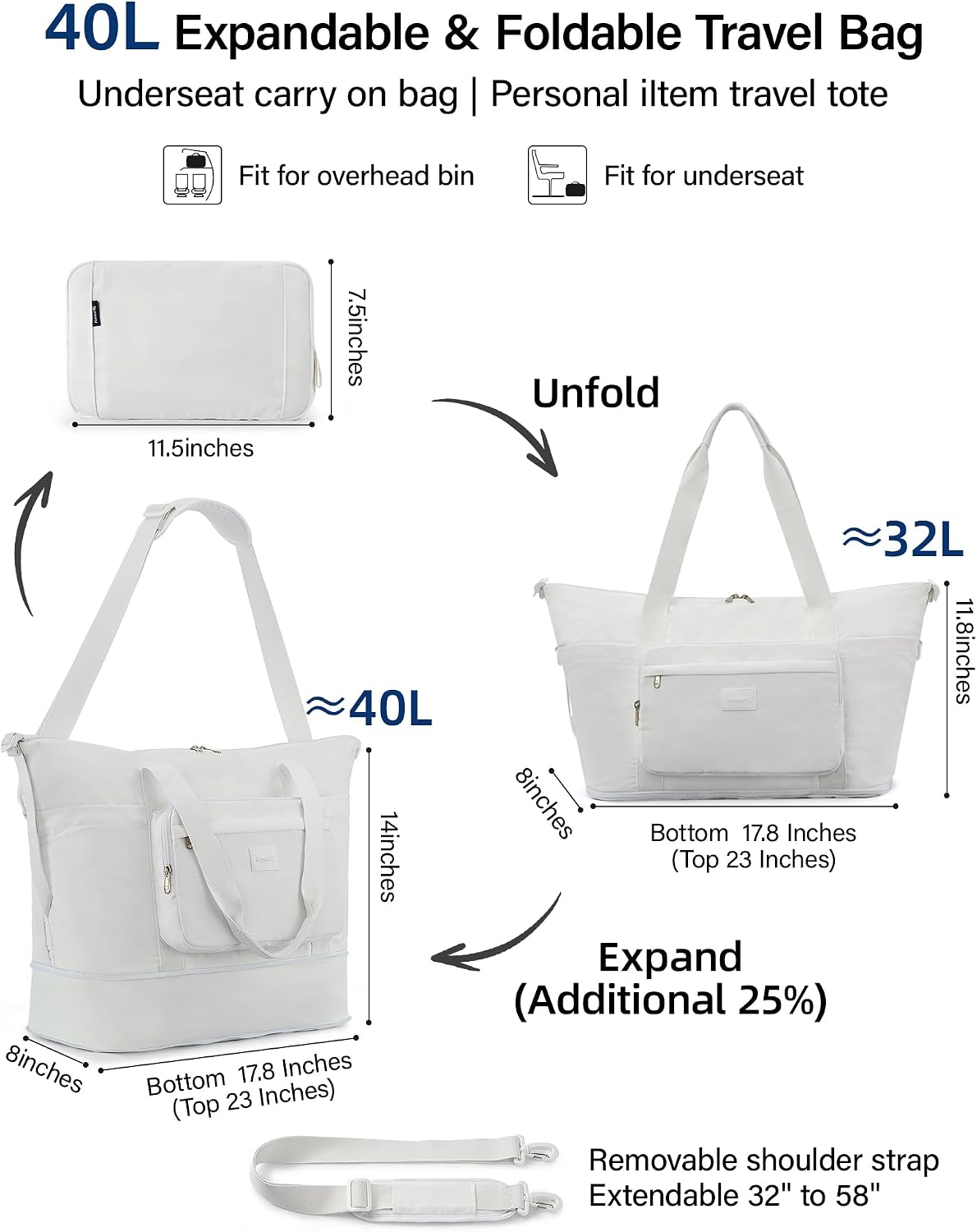40L Foldable Expandable Travel Tote Bag,Wet Dry Separation Laptop Weekender Carry On Bag for Travel Gym Beach Daily Use