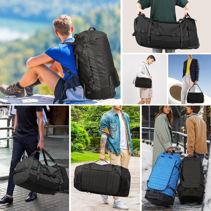 86L Foldable Duffle Bag with Wheels - Waterproof Rolling Travel Bag, Collapsible Luggage No Telescopic Handle, for Men Women Camping Sports Weekend Trips，Blue