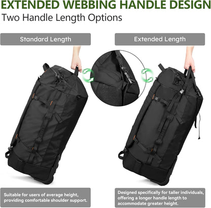86L Foldable Duffle Bag with Wheels - Waterproof Rolling Travel Bag, Collapsible Luggage No Telescopic Handle, for Men Women Camping Sports Weekend Trips，Blue