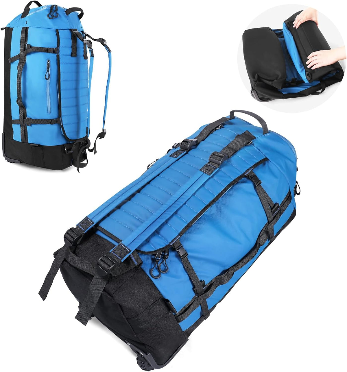 86L Foldable Duffle Bag with Wheels - Waterproof Rolling Travel Bag, Collapsible Luggage No Telescopic Handle, for Men Women Camping Sports Weekend Trips，Blue
