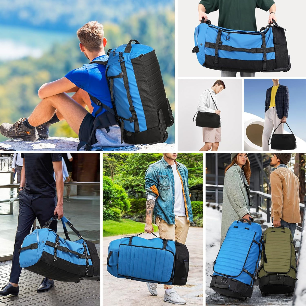 86L Foldable Duffle Bag with Wheels - Waterproof Rolling Travel Bag, Collapsible Luggage No Telescopic Handle, for Men Women Camping Sports Weekend Trips，Blue