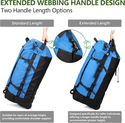 86L Foldable Duffle Bag with Wheels - Waterproof Rolling Travel Bag, Collapsible Luggage No Telescopic Handle, for Men Women Camping Sports Weekend Trips，Blue