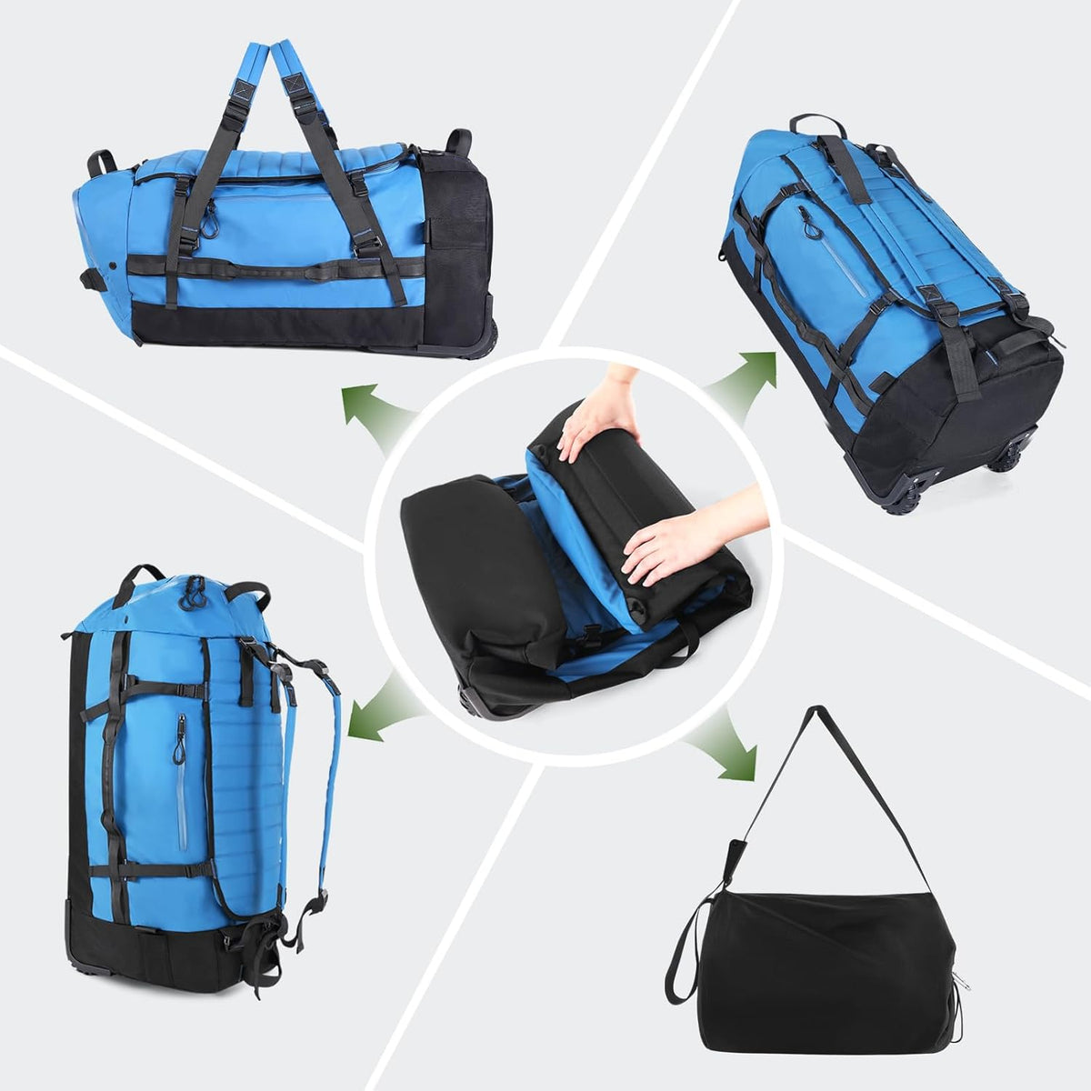 86L Foldable Duffle Bag with Wheels - Waterproof Rolling Travel Bag, Collapsible Luggage No Telescopic Handle, for Men Women Camping Sports Weekend Trips，Blue