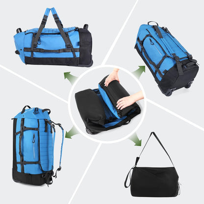 86L Foldable Duffle Bag with Wheels - Waterproof Rolling Travel Bag, Collapsible Luggage No Telescopic Handle, for Men Women Camping Sports Weekend Trips，Blue