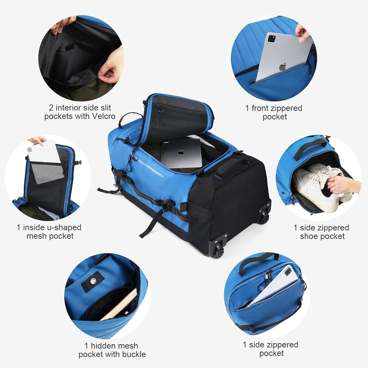 86L Foldable Duffle Bag with Wheels - Waterproof Rolling Travel Bag, Collapsible Luggage No Telescopic Handle, for Men Women Camping Sports Weekend Trips，Blue