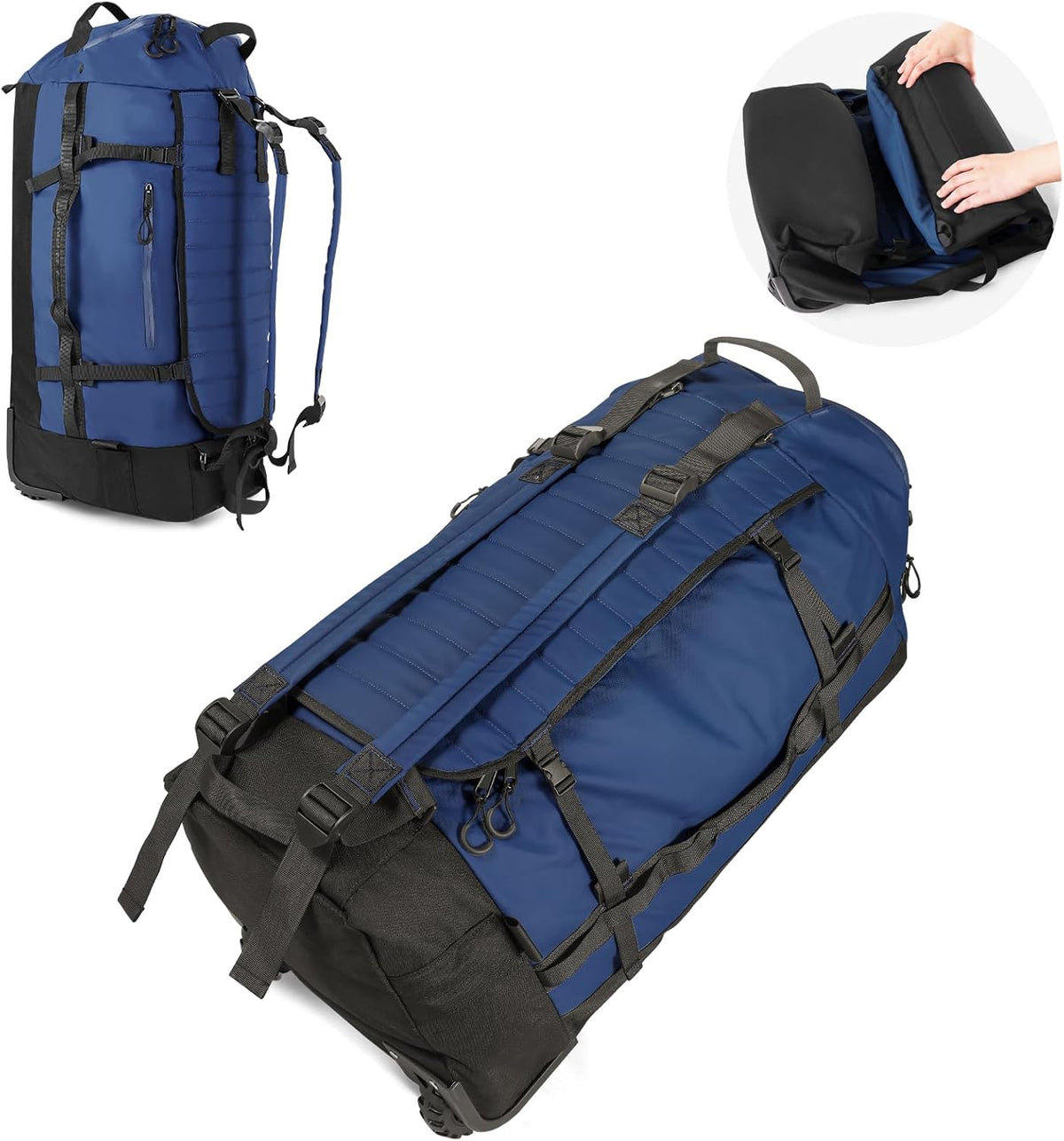 86L Foldable Duffle Bag with Wheels - Waterproof Rolling Travel Bag, Collapsible Luggage No Telescopic Handle, for Men Women Camping Sports Weekend Trips，Blue