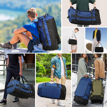 86L Foldable Duffle Bag with Wheels - Waterproof Rolling Travel Bag, Collapsible Luggage No Telescopic Handle, for Men Women Camping Sports Weekend Trips，Blue