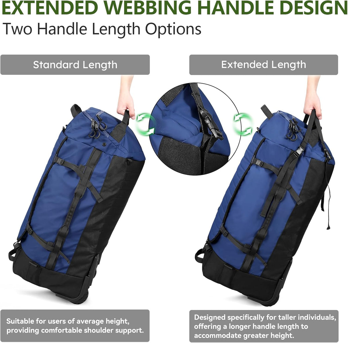 86L Foldable Duffle Bag with Wheels - Waterproof Rolling Travel Bag, Collapsible Luggage No Telescopic Handle, for Men Women Camping Sports Weekend Trips，Blue