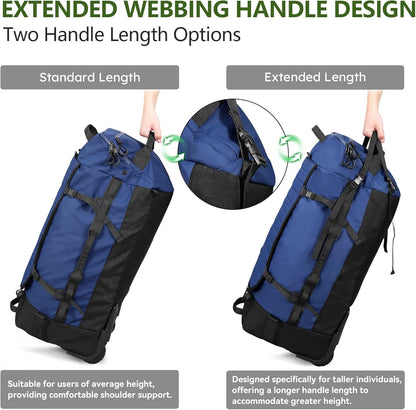 86L Foldable Duffle Bag with Wheels - Waterproof Rolling Travel Bag, Collapsible Luggage No Telescopic Handle, for Men Women Camping Sports Weekend Trips，Blue
