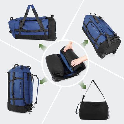 86L Foldable Duffle Bag with Wheels - Waterproof Rolling Travel Bag, Collapsible Luggage No Telescopic Handle, for Men Women Camping Sports Weekend Trips，Blue
