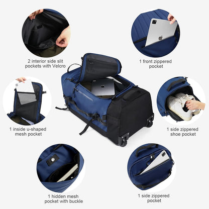 86L Foldable Duffle Bag with Wheels - Waterproof Rolling Travel Bag, Collapsible Luggage No Telescopic Handle, for Men Women Camping Sports Weekend Trips，Blue
