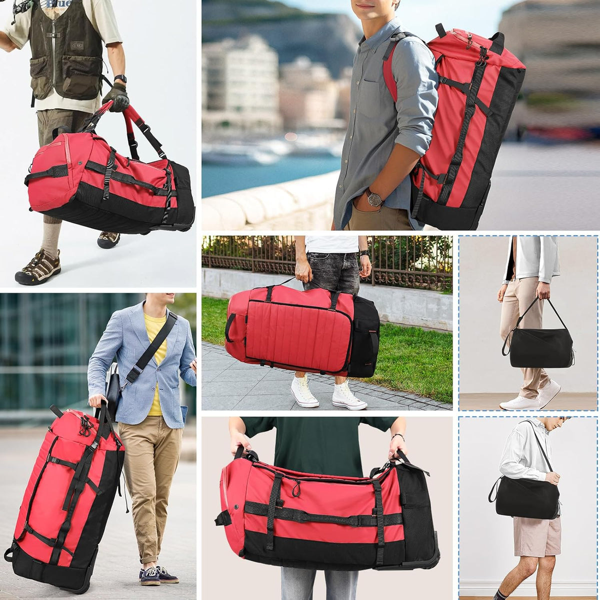 86L Foldable Duffle Bag with Wheels - Waterproof Rolling Travel Bag, Collapsible Luggage No Telescopic Handle, for Men Women Camping Sports Weekend Trips，Blue
