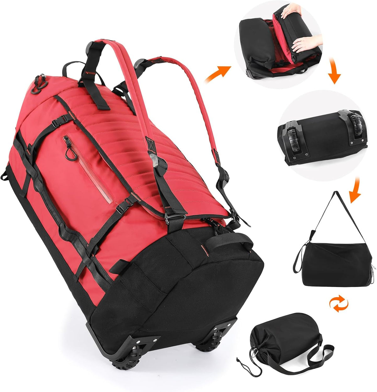 86L Foldable Duffle Bag with Wheels - Waterproof Rolling Travel Bag, Collapsible Luggage No Telescopic Handle, for Men Women Camping Sports Weekend Trips，Blue