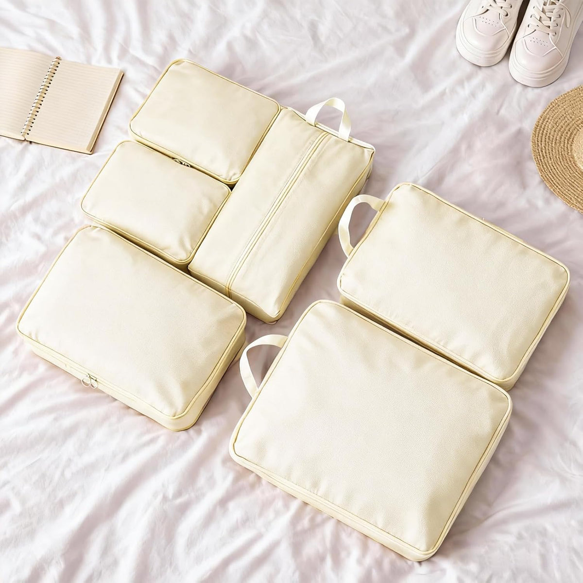 6 Set Compression Packing Cubes for Travel, Durable Space Saver Bags Travel Essentials, Lightweight Luggage Organizer Bags, Beige