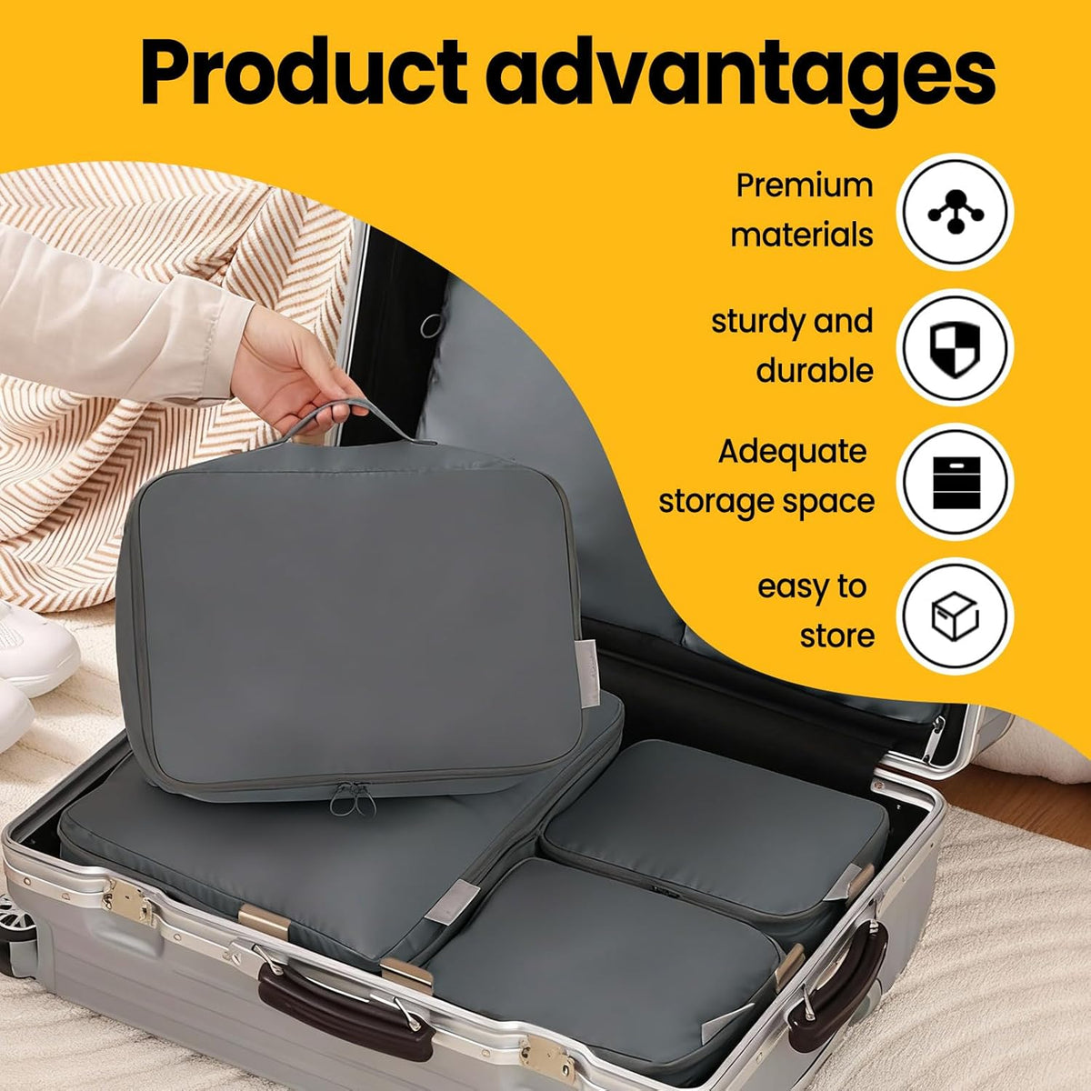 6 Set Compression Packing Cubes for Travel, Durable Space Saver Bags Travel Essentials, Lightweight Luggage Organizer Bags, Beige