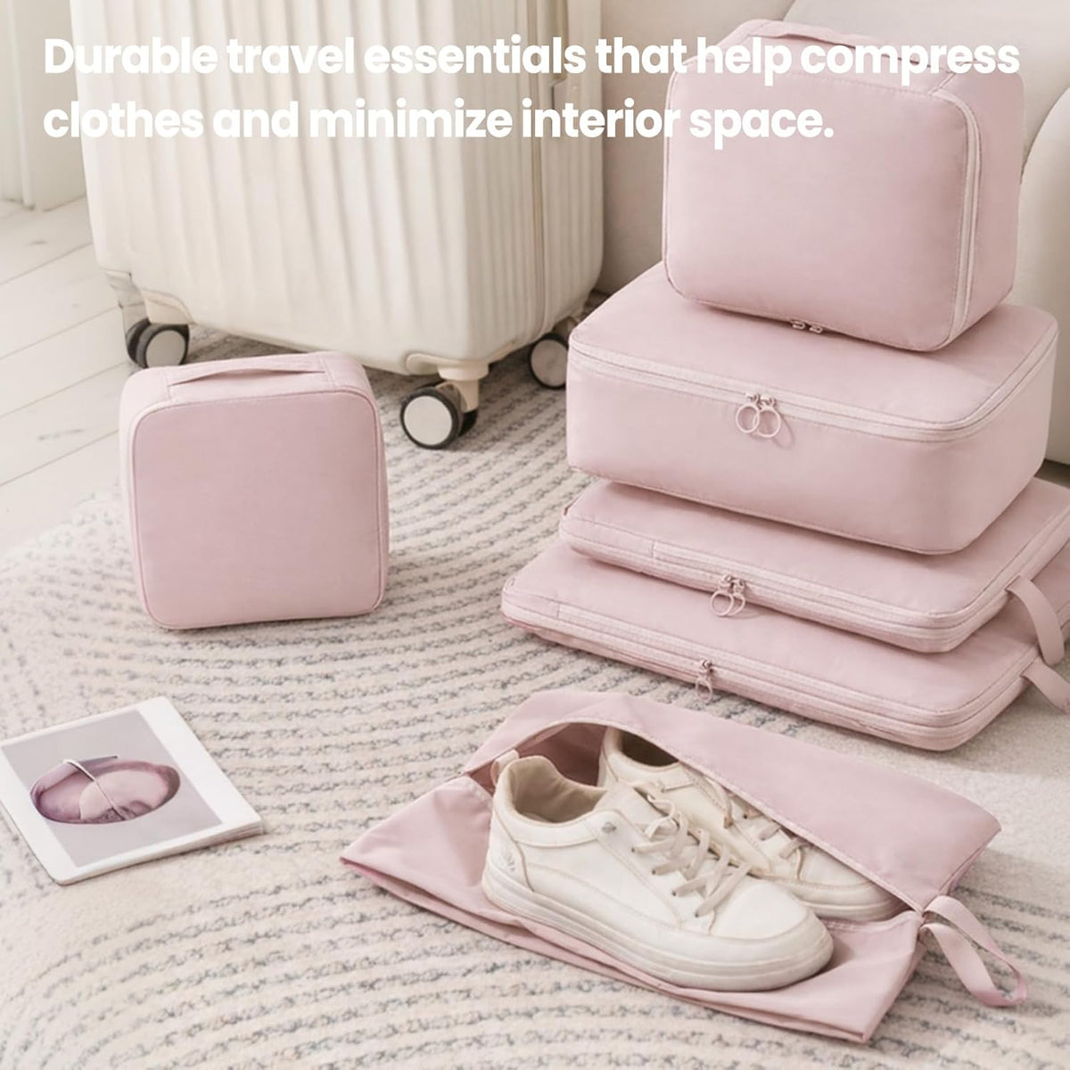 6 Set Compression Packing Cubes for Travel, Durable Space Saver Bags Travel Essentials, Lightweight Luggage Organizer Bags, Beige