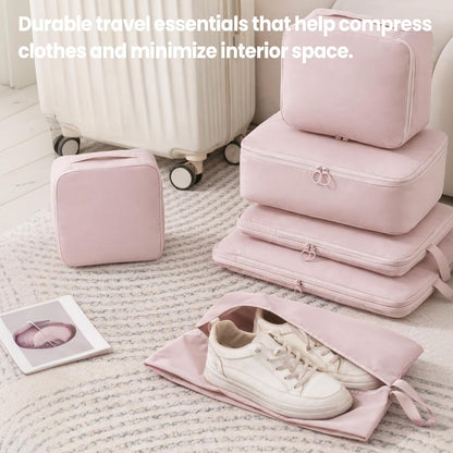 6 Set Compression Packing Cubes for Travel, Durable Space Saver Bags Travel Essentials, Lightweight Luggage Organizer Bags, Beige