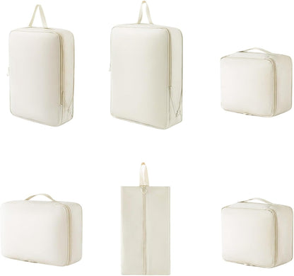 6 Set Compression Packing Cubes for Travel, Durable Space Saver Bags Travel Essentials, Lightweight Luggage Organizer Bags, Beige