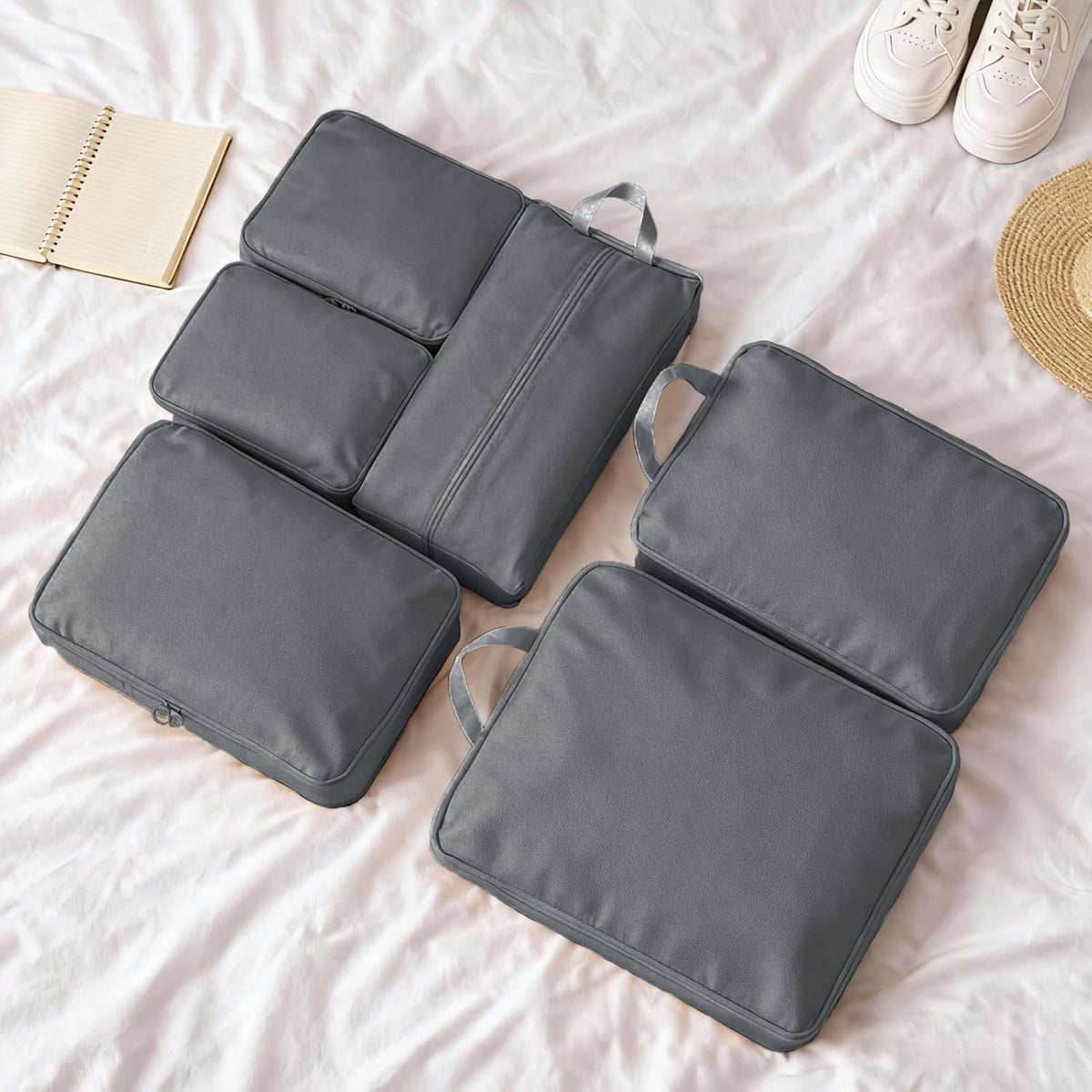 6 Set Compression Packing Cubes for Travel, Durable Space Saver Bags Travel Essentials, Lightweight Luggage Organizer Bags, Beige