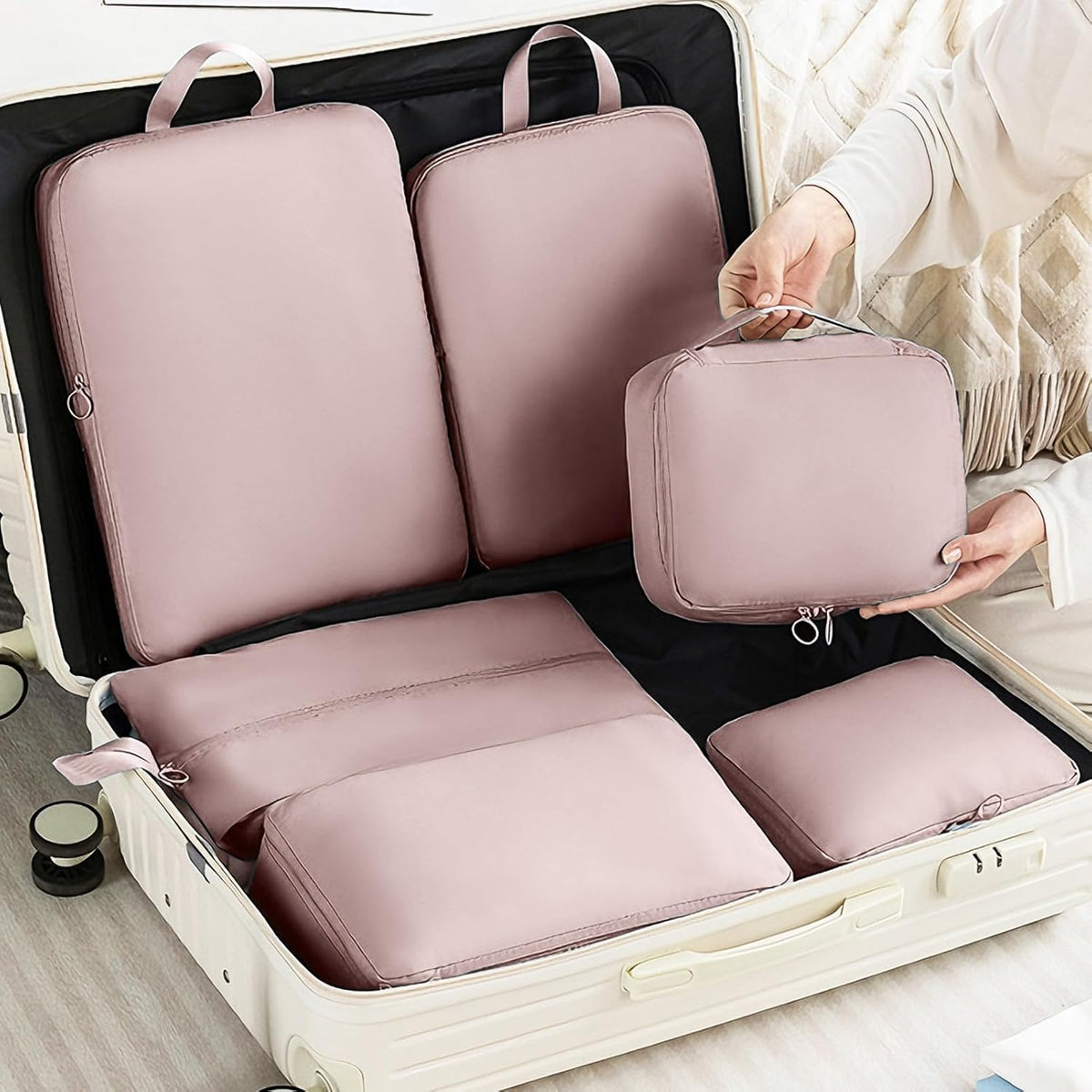 6 Set Compression Packing Cubes for Travel, Durable Space Saver Bags Travel Essentials, Lightweight Luggage Organizer Bags, Beige
