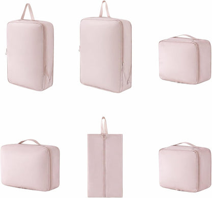 6 Set Compression Packing Cubes for Travel, Durable Space Saver Bags Travel Essentials, Lightweight Luggage Organizer Bags, Beige