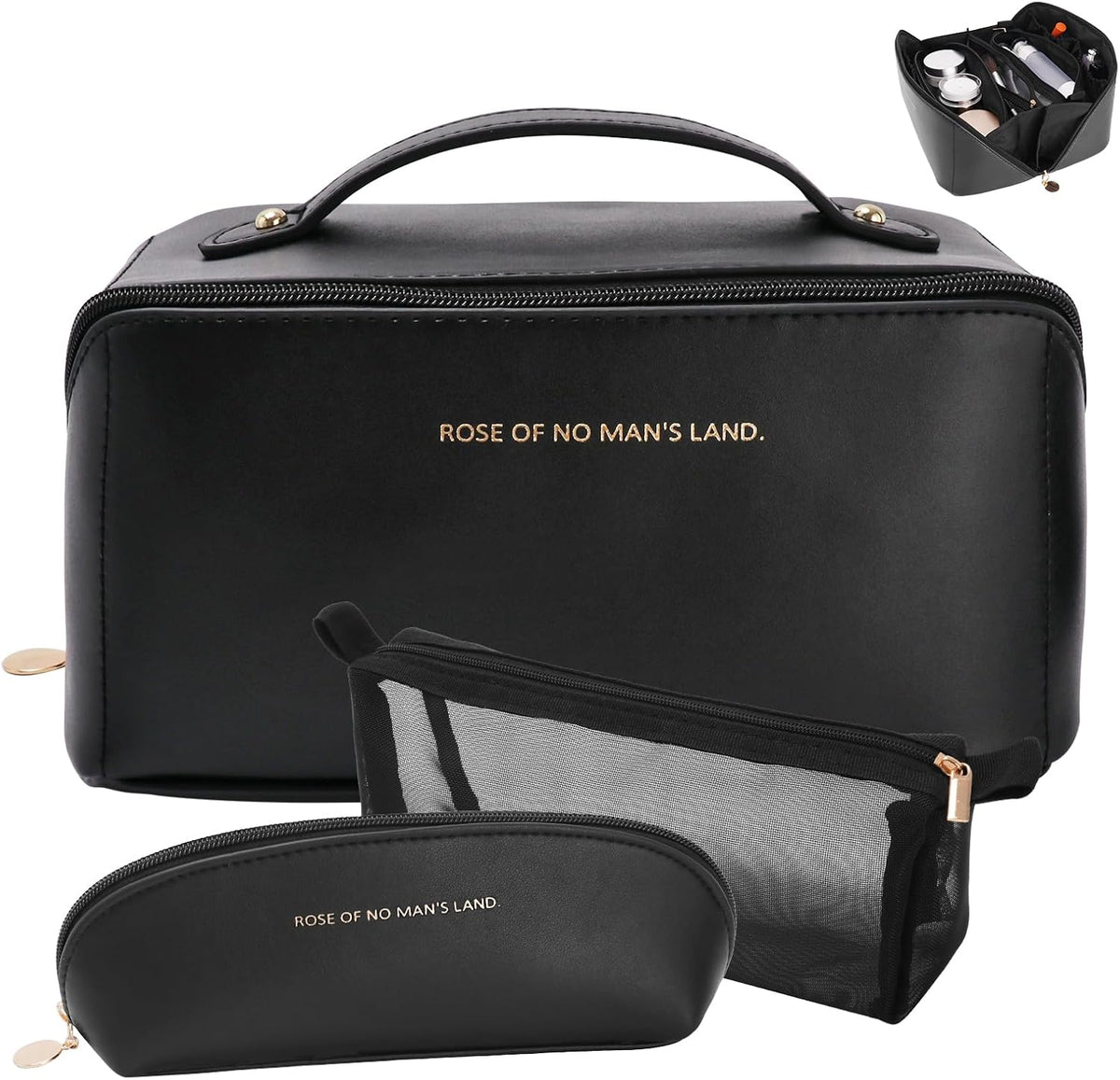 Travel Makeup Bag, Large Capacity Cosmetic Organizer Bags for Women, Waterproof PU Leather Toiletry Bags, Wide Open Flat Makeup Case with Divider and Handle