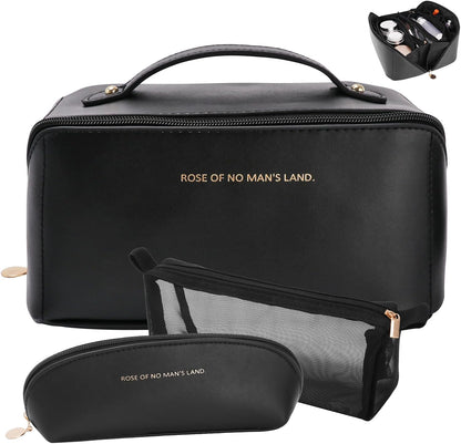 Travel Makeup Bag, Large Capacity Cosmetic Organizer Bags for Women, Waterproof PU Leather Toiletry Bags, Wide Open Flat Makeup Case with Divider and Handle
