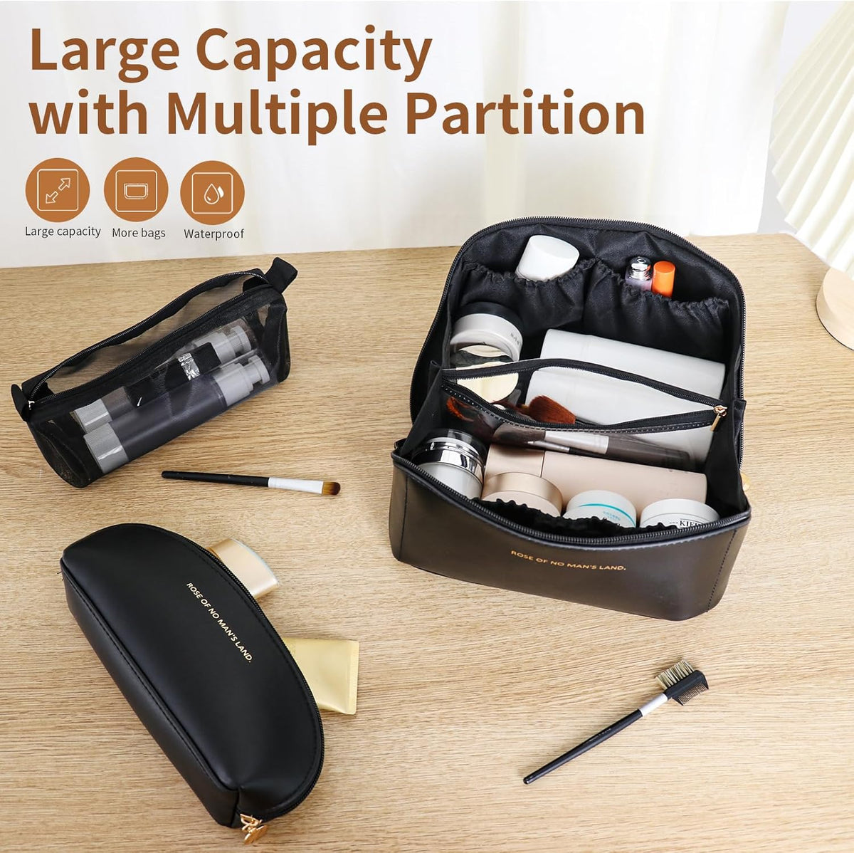 Travel Makeup Bag, Large Capacity Cosmetic Organizer Bags for Women, Waterproof PU Leather Toiletry Bags, Wide Open Flat Makeup Case with Divider and Handle