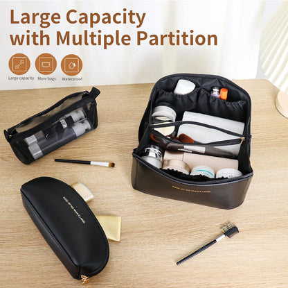 Travel Makeup Bag, Large Capacity Cosmetic Organizer Bags for Women, Waterproof PU Leather Toiletry Bags, Wide Open Flat Makeup Case with Divider and Handle