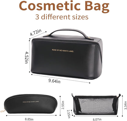 Travel Makeup Bag, Large Capacity Cosmetic Organizer Bags for Women, Waterproof PU Leather Toiletry Bags, Wide Open Flat Makeup Case with Divider and Handle