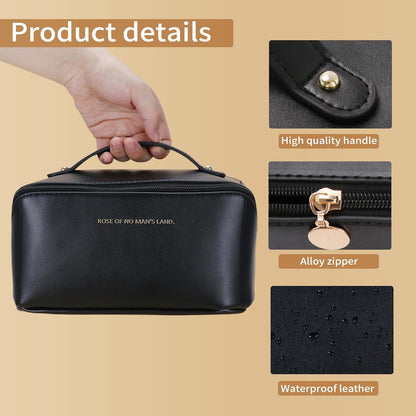 Travel Makeup Bag, Large Capacity Cosmetic Organizer Bags for Women, Waterproof PU Leather Toiletry Bags, Wide Open Flat Makeup Case with Divider and Handle