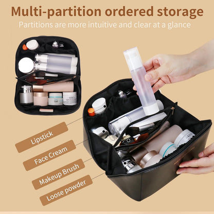 Travel Makeup Bag, Large Capacity Cosmetic Organizer Bags for Women, Waterproof PU Leather Toiletry Bags, Wide Open Flat Makeup Case with Divider and Handle