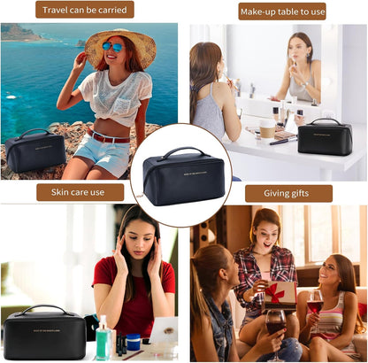 Travel Makeup Bag, Large Capacity Cosmetic Organizer Bags for Women, Waterproof PU Leather Toiletry Bags, Wide Open Flat Makeup Case with Divider and Handle