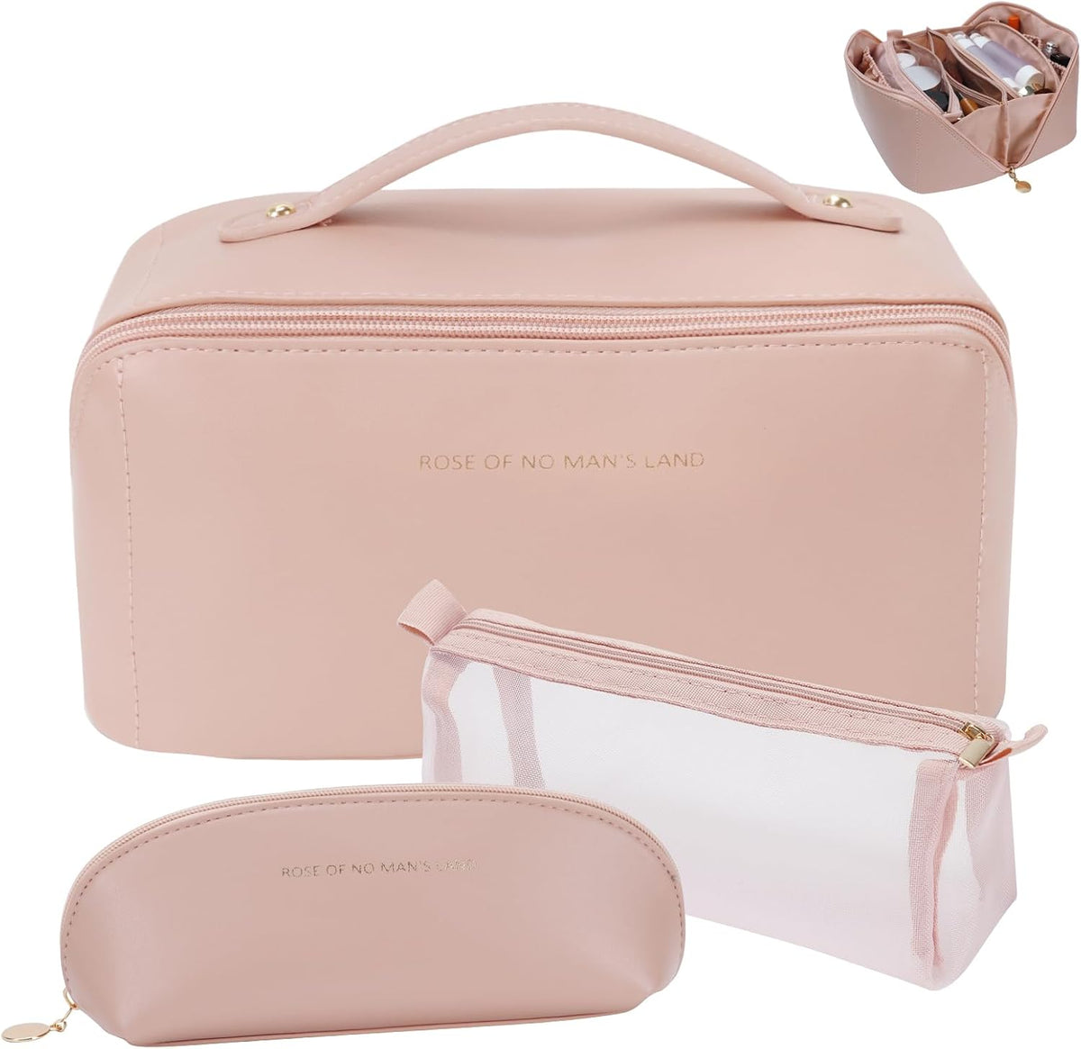 Travel Makeup Bag, Large Capacity Cosmetic Organizer Bags for Women, Waterproof PU Leather Toiletry Bags, Wide Open Flat Makeup Case with Divider and Handle