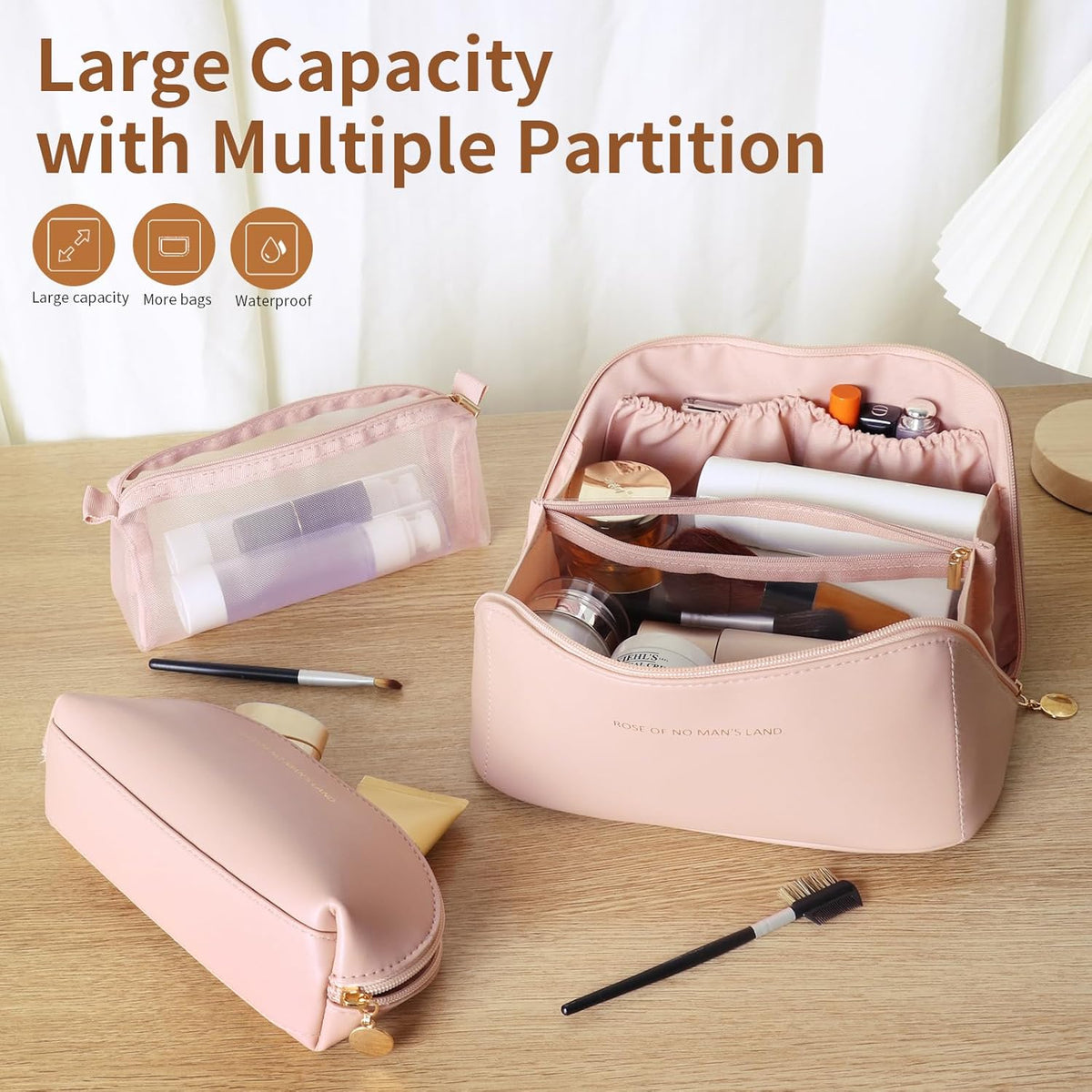 Travel Makeup Bag, Large Capacity Cosmetic Organizer Bags for Women, Waterproof PU Leather Toiletry Bags, Wide Open Flat Makeup Case with Divider and Handle