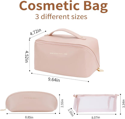 Travel Makeup Bag, Large Capacity Cosmetic Organizer Bags for Women, Waterproof PU Leather Toiletry Bags, Wide Open Flat Makeup Case with Divider and Handle