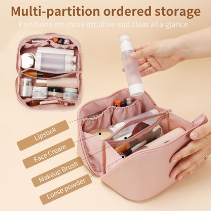Travel Makeup Bag, Large Capacity Cosmetic Organizer Bags for Women, Waterproof PU Leather Toiletry Bags, Wide Open Flat Makeup Case with Divider and Handle