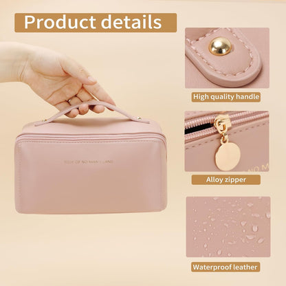 Travel Makeup Bag, Large Capacity Cosmetic Organizer Bags for Women, Waterproof PU Leather Toiletry Bags, Wide Open Flat Makeup Case with Divider and Handle