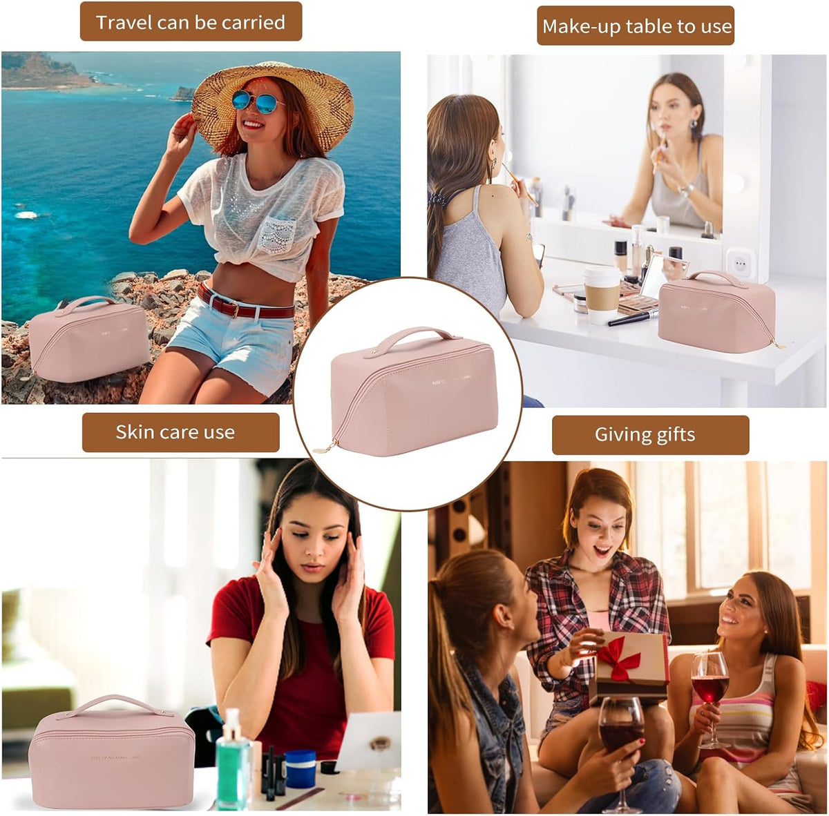 Travel Makeup Bag, Large Capacity Cosmetic Organizer Bags for Women, Waterproof PU Leather Toiletry Bags, Wide Open Flat Makeup Case with Divider and Handle