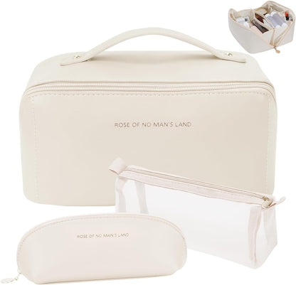 Travel Makeup Bag, Large Capacity Cosmetic Organizer Bags for Women, Waterproof PU Leather Toiletry Bags, Wide Open Flat Makeup Case with Divider and Handle