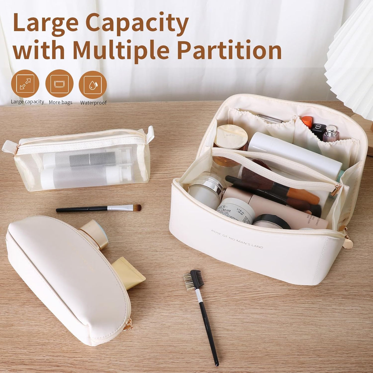 Travel Makeup Bag, Large Capacity Cosmetic Organizer Bags for Women, Waterproof PU Leather Toiletry Bags, Wide Open Flat Makeup Case with Divider and Handle