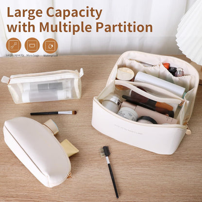 Travel Makeup Bag, Large Capacity Cosmetic Organizer Bags for Women, Waterproof PU Leather Toiletry Bags, Wide Open Flat Makeup Case with Divider and Handle