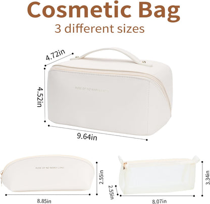 Travel Makeup Bag, Large Capacity Cosmetic Organizer Bags for Women, Waterproof PU Leather Toiletry Bags, Wide Open Flat Makeup Case with Divider and Handle