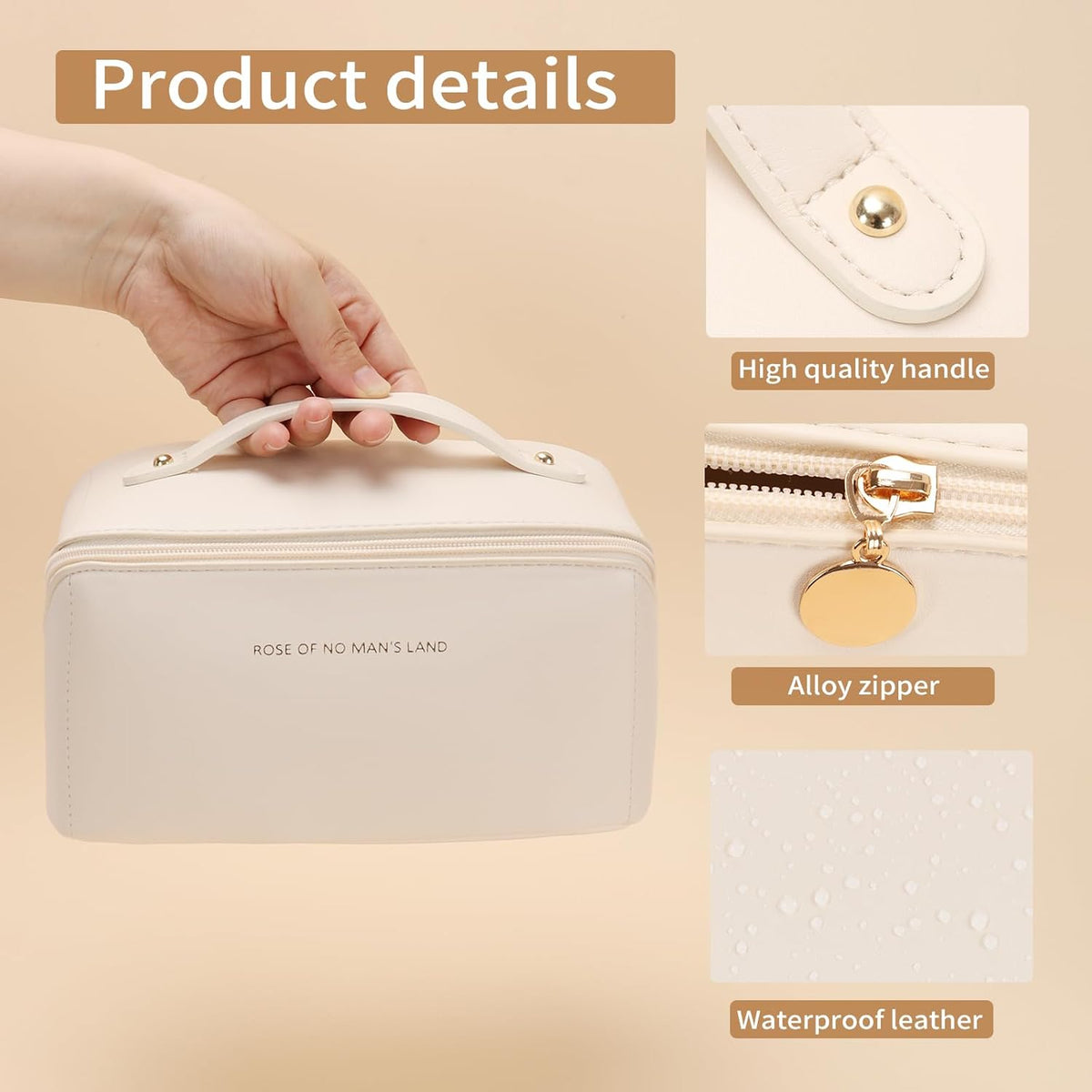 Travel Makeup Bag, Large Capacity Cosmetic Organizer Bags for Women, Waterproof PU Leather Toiletry Bags, Wide Open Flat Makeup Case with Divider and Handle