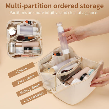 Travel Makeup Bag, Large Capacity Cosmetic Organizer Bags for Women, Waterproof PU Leather Toiletry Bags, Wide Open Flat Makeup Case with Divider and Handle