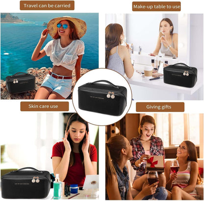Travel Makeup Bag, Large Capacity Cosmetic Organizer Bags for Women, Waterproof PU Leather Toiletry Bags, Wide Open Flat Makeup Case with Divider and Handle