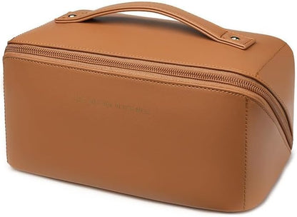 Travel Makeup Bag, Large Capacity Cosmetic Organizer Bags for Women, Waterproof PU Leather Toiletry Bags, Wide Open Flat Makeup Case with Divider and Handle