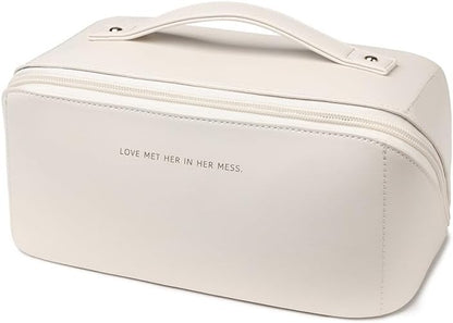 Travel Makeup Bag, Large Capacity Cosmetic Organizer Bags for Women, Waterproof PU Leather Toiletry Bags, Wide Open Flat Makeup Case with Divider and Handle